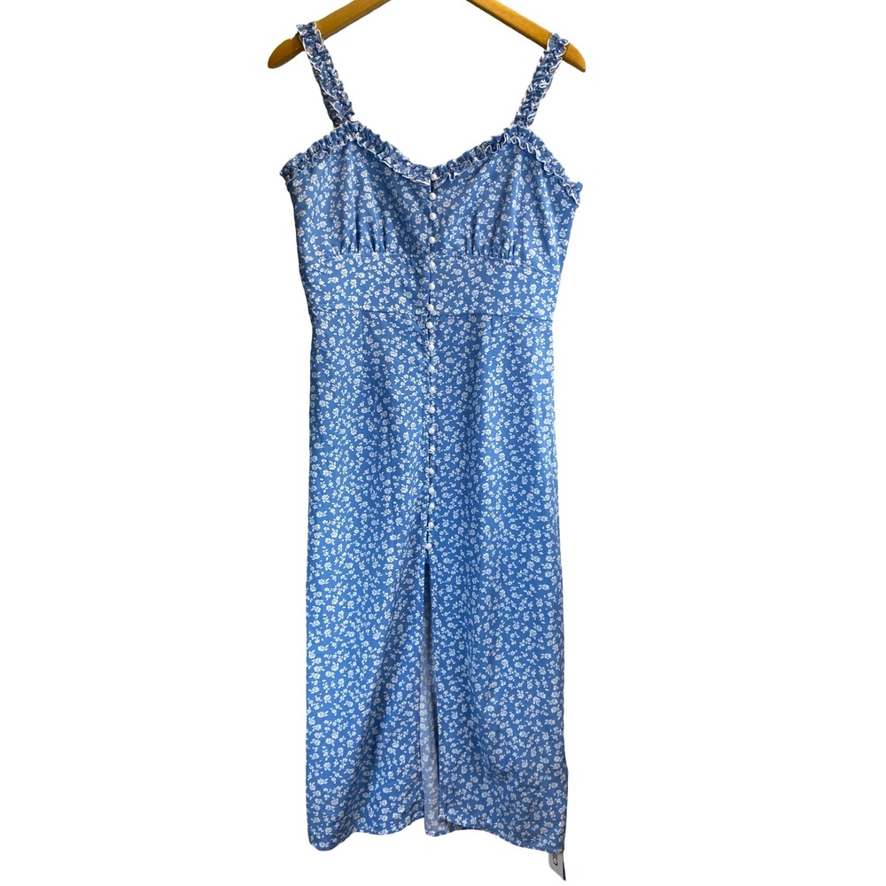 Cider Light Blue Ditsy Floral Midi Dress with Ruffle Straps